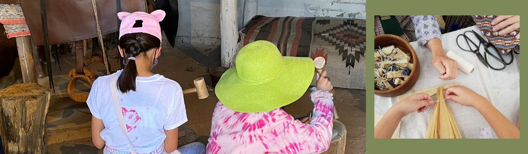 sudents use hammers on woodworking project, hands working on cornhusk dolls