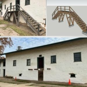 Three photos: 1. Weathered wood staircase leads to upstairs adobe structure. 2. Graphic design of wooden staircase. 3. The adobe central building without wooden staircase, wooden beams are exposed and red construction cone is on ground. 