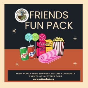 cartoon depiction of Fun Pack: popcorn, lollipops, soda, candy and blanket