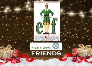 Elf Movie Poster, Films with Friends Logo against a stary sky with white lights, wrapped gifts and snow.