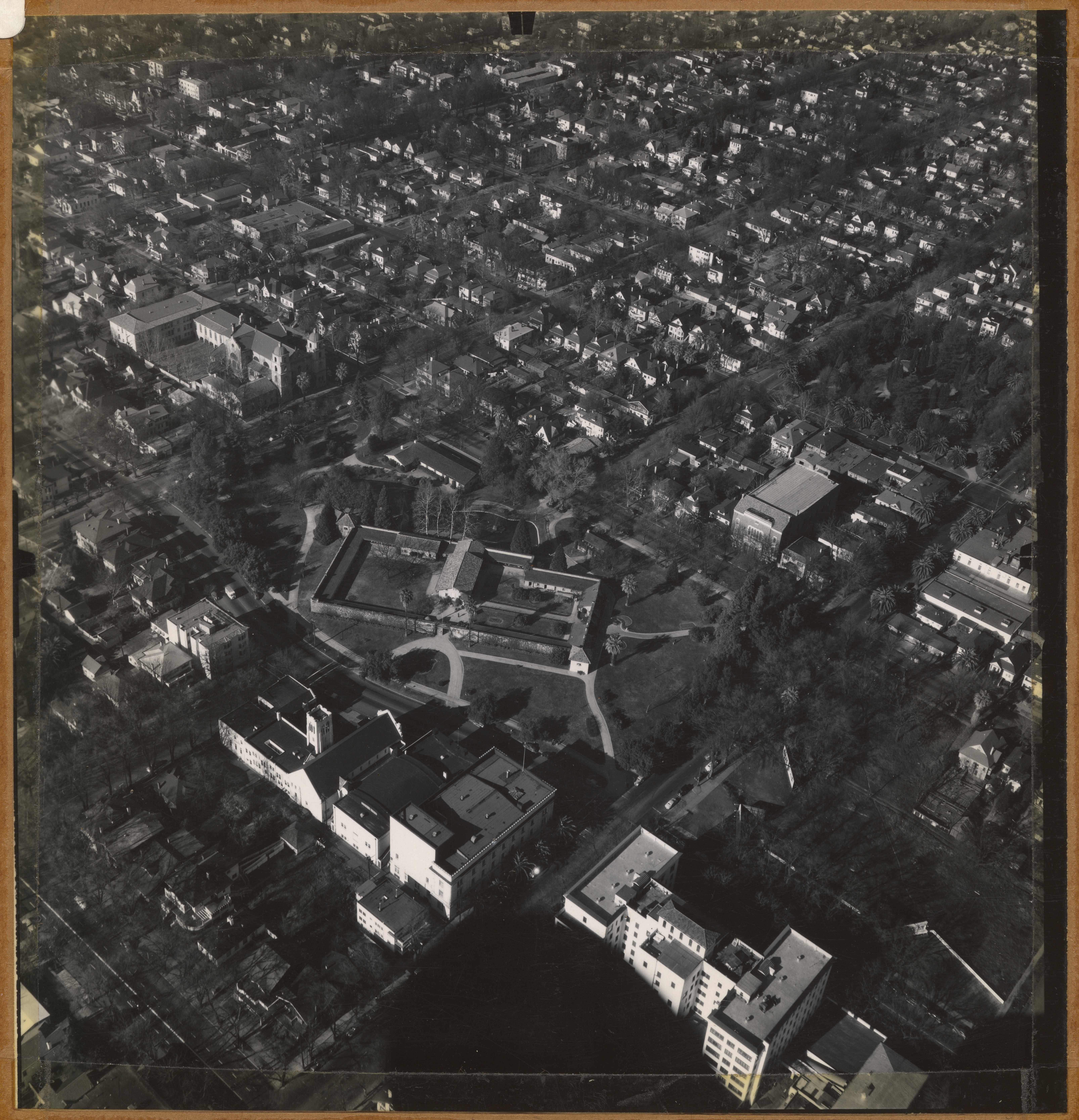view from above Sutter's Fort in the 1940s