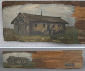 Painting of Sutter's Fort on an old wooden roof shingle
