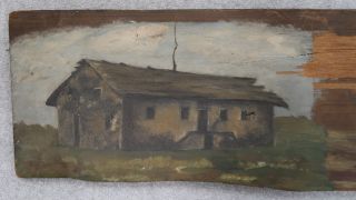 Painting of Sutter's Fort Central Building on a wooden roof shingle