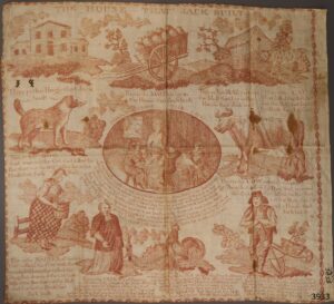 handkerchief is printed with text and illustrations in red on a linen cloth, depicting the old English nursery rhyme, The House That Jack Built