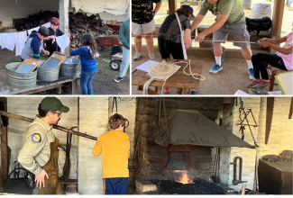 Youth participate in hands on activities, blacksmith flume, laundry, rope making