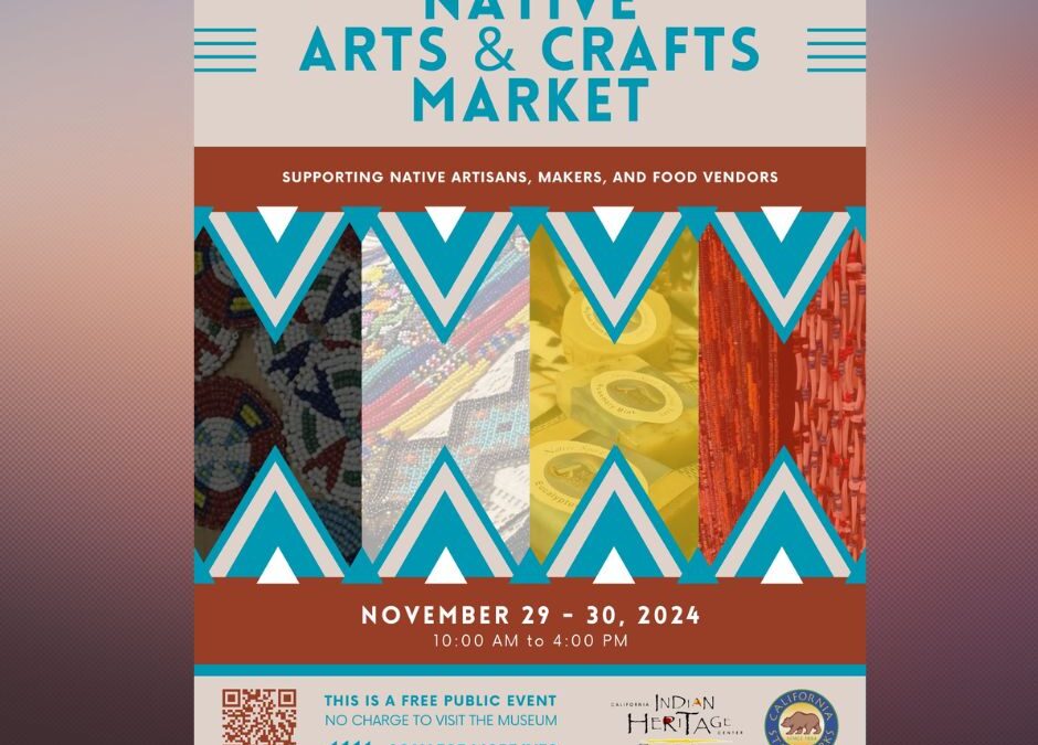 Native Arts and Crafts Market Flyer with Native designs, CA State Parks logo and QR Code